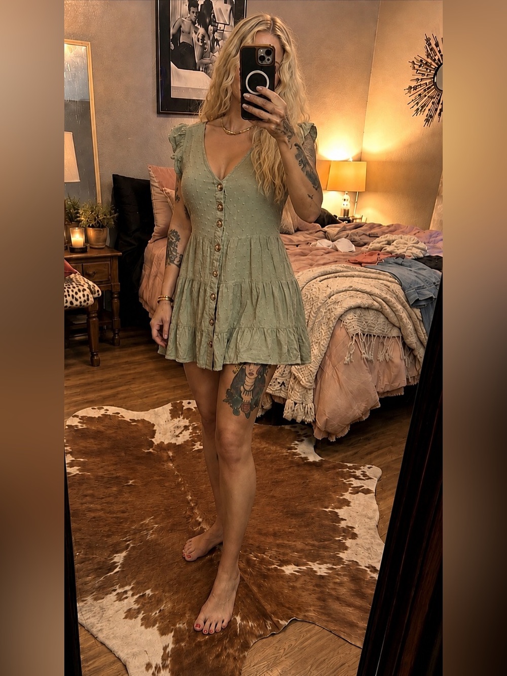 Altar'd State Olive Green Tiered Button-Front Mini Dress. Size S.